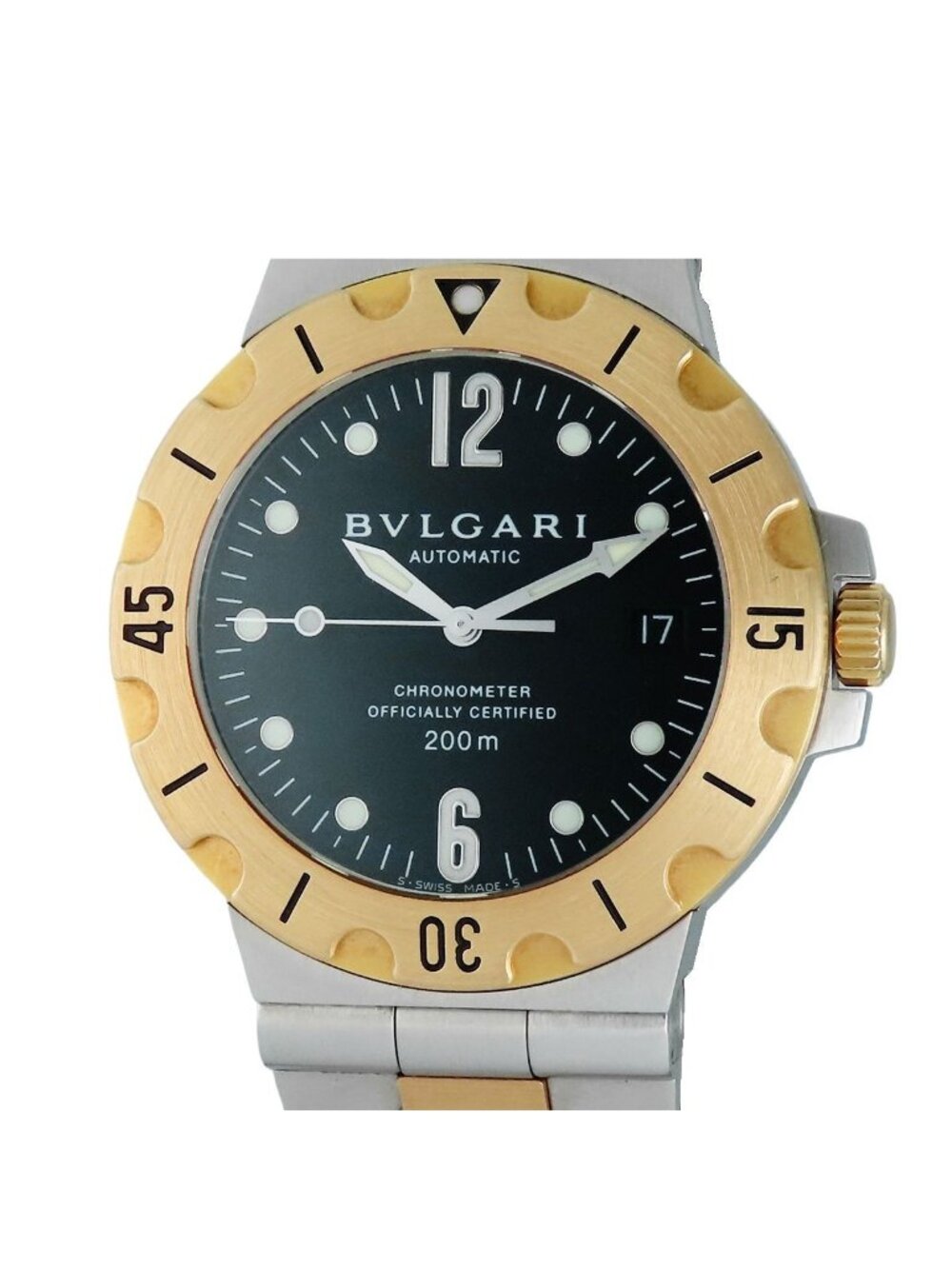 Bvlgari Diagono Black SS 18K Yellow Gold Scuba Date Box Watch Automatic
